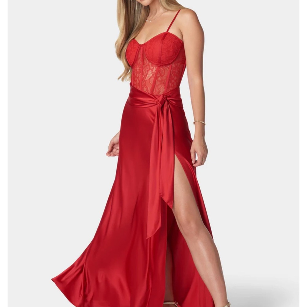 bebe Red Lace and Satin Maxi Dress
